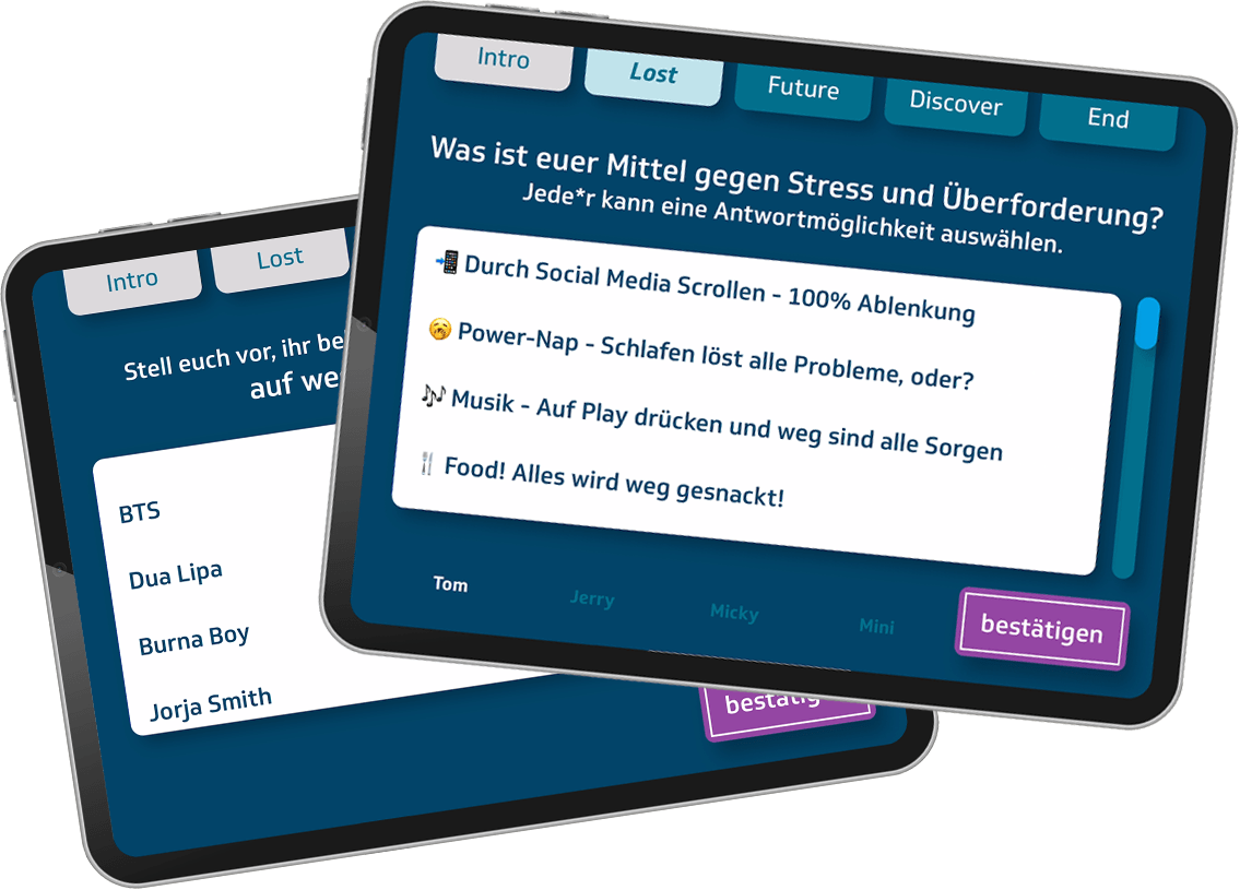 interaktive Tablet-Anwendung für das Festival mit Quiz-Funktionen für Gruppen