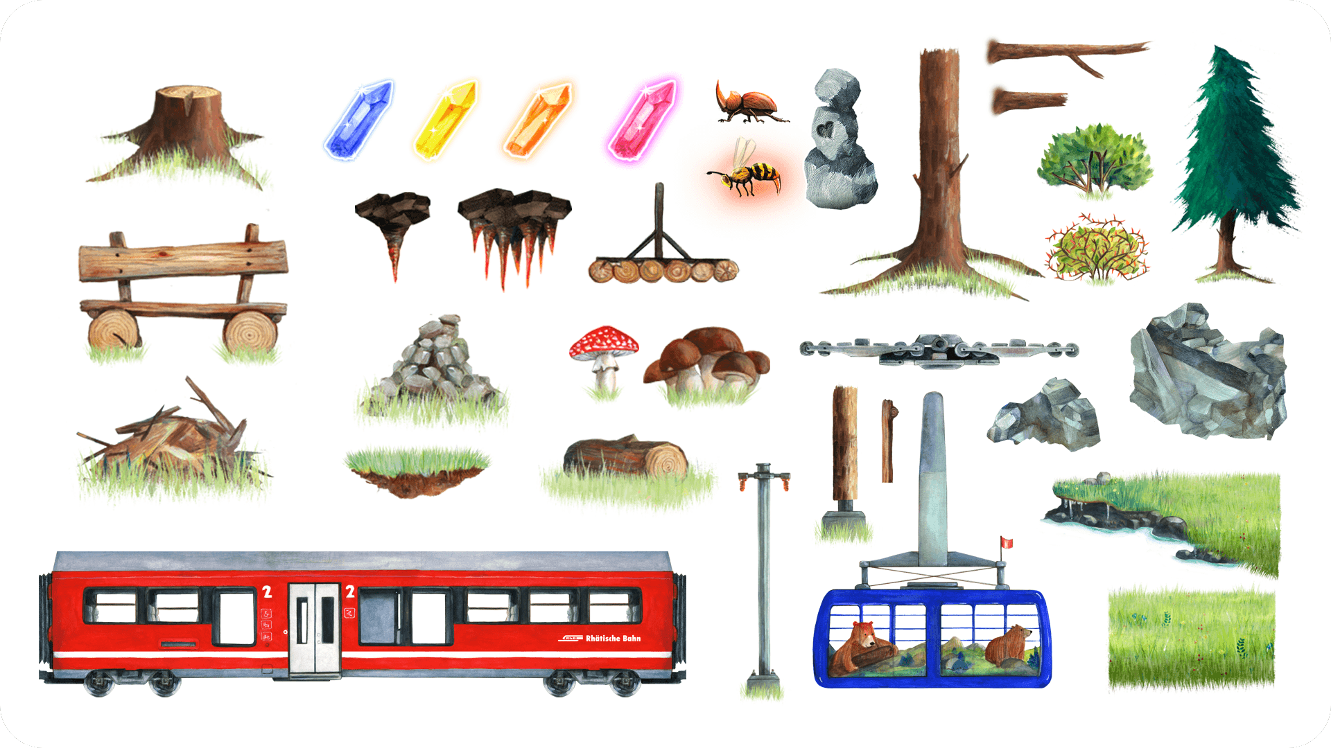 komplett von Hand illustrierte Game-Assets wie Kristalle, Bergbahn, B&auml;ume oder Steine
