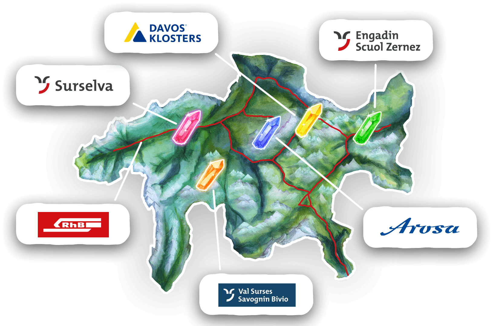 Graub&uuml;nden Karte mit 5 besuchbaren Regionen, nat&uuml;rlich untereinander verbunden mit der Rh&auml;tischen Bahn