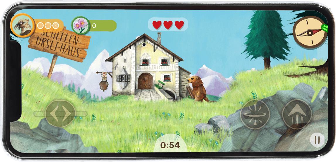 Im Mobile Game echte Orte besuchen wie hier das ber&uuml;hmte Schellenursli-Haus im Engadin