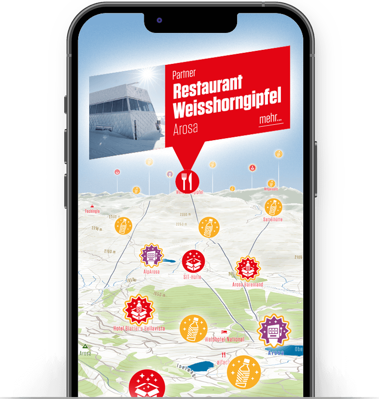 Restaurant Weisshorngipfel in Arosa als Interaktionspunkt auf der custom 3D-Karte. Wer gewinnt, l&ouml;st direkt dort den Preis ein