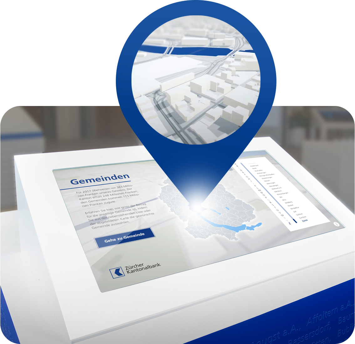 Touchscreen-Installation in der Z&uuml;rcher Kantonalbank, wo man interaktiv seine Wohngemeinde eingeben kann und dann einen 3D-Flug in seiner Gemeinde sieht