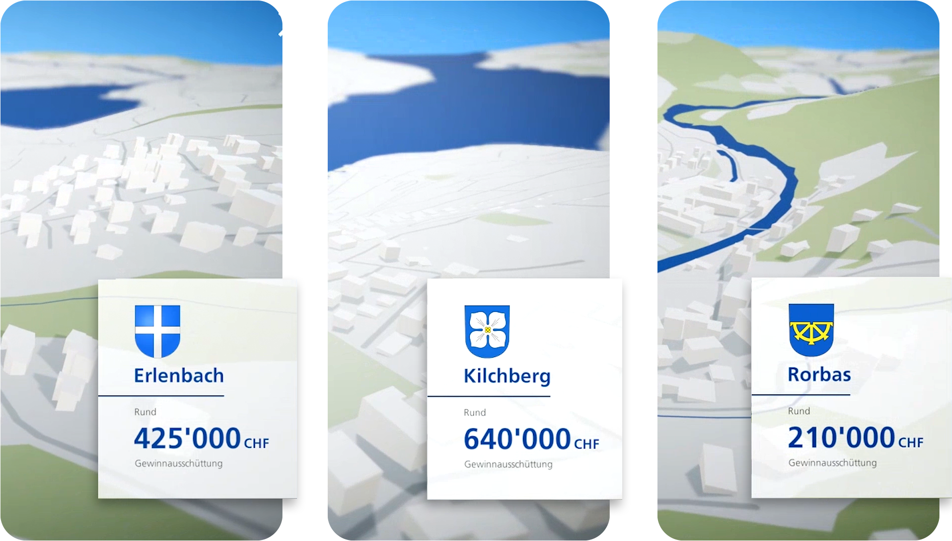 Drei von 170 Gemeinden, die auf der automatisiert erstellten 3D-Map des Kantons erscheinen